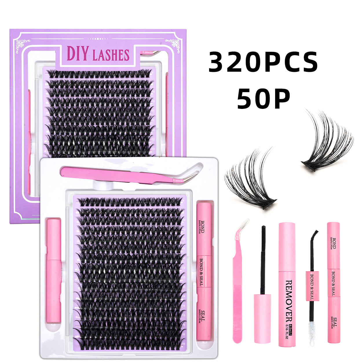 320 Clusters 16 Rows DIY False Eyelashes 4-Piece Set Glue Remover Tweezers 50 P60p80p100p Individual False Eyelash