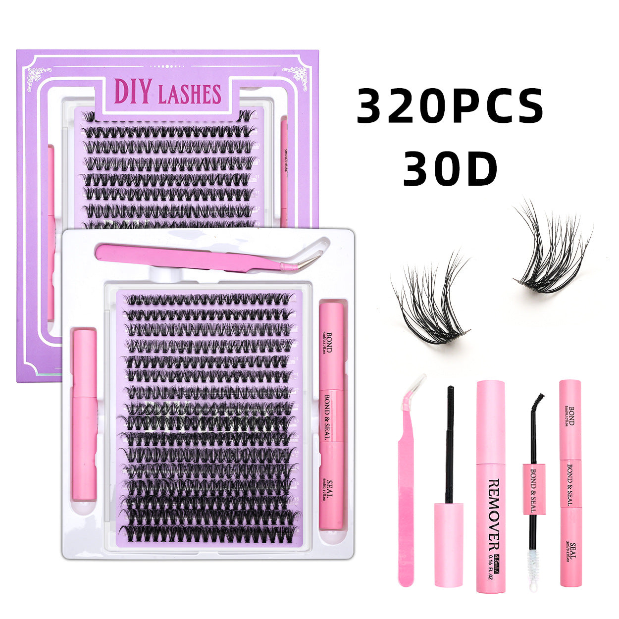 320 Clusters 16 Rows DIY False Eyelashes 4-Piece Set Glue Remover Tweezers 50 P60p80p100p Individual False Eyelash