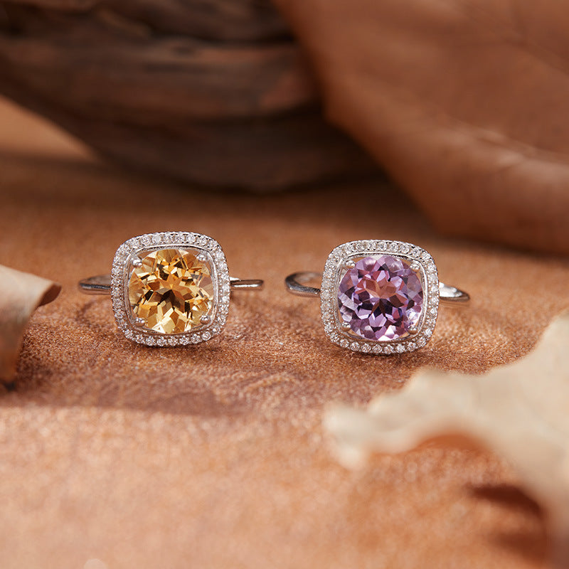 Natural Colorful Amethyst and Citrine Ring for Women s925Pure Silver Sugar Cube Index Finger Ring Xiaohongshu Douyin Style Wholesale