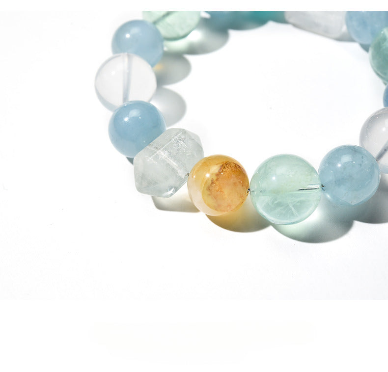Natural Multi-Gemstone Crystal Round Beads Aquamarine Single Strand Bracelet White Crystal Fluorite Bracelet