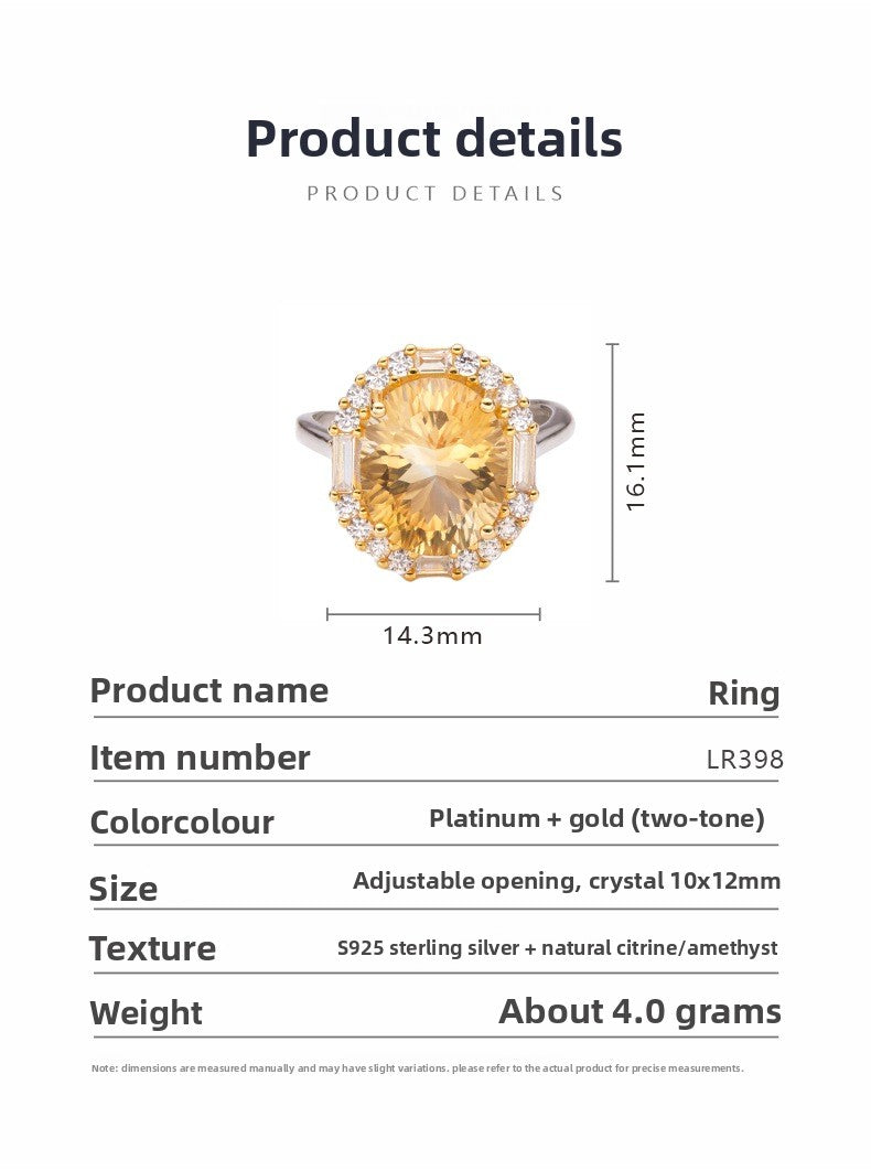 S925 Sterling Silver Large Carat Yellow Amethyst Colorful Gem Ring