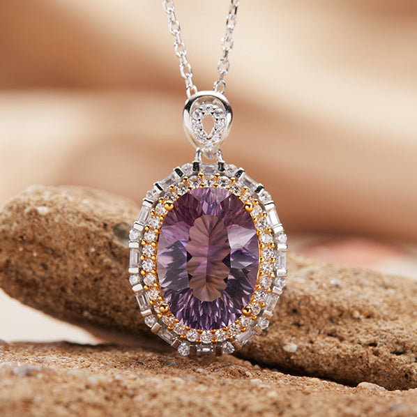 S925 Sterling Silver 18K Gold Natural Colorful Gemstone Amethyst Pendant Collarbone Necklace