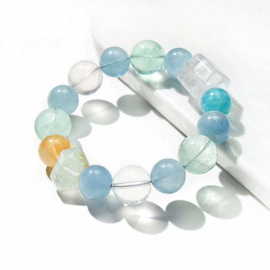 Natural Multi-Gemstone Crystal Round Beads Aquamarine Single Strand Bracelet White Crystal Fluorite Bracelet