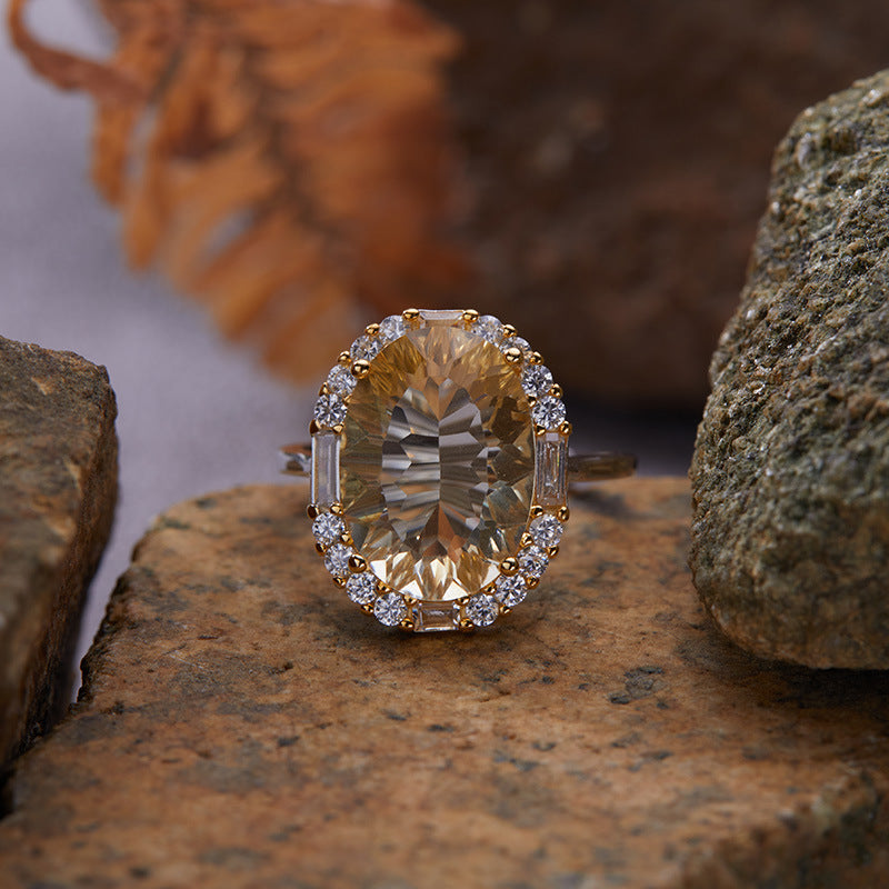 S925 Sterling Silver Large Carat Yellow Amethyst Colorful Gem Ring