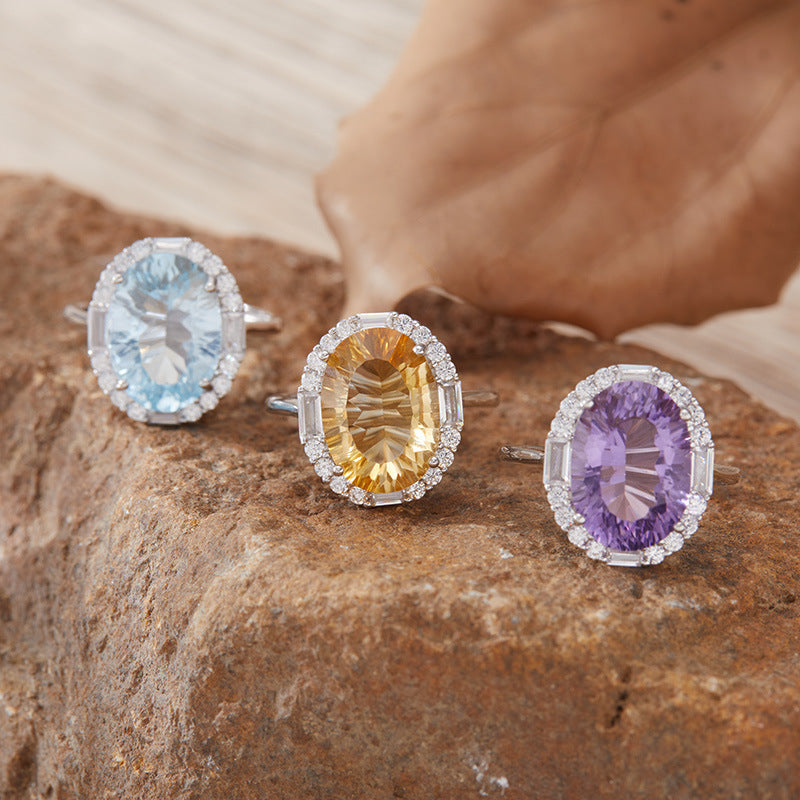S925 Sterling Silver Large Carat Yellow Amethyst Colorful Gem Ring