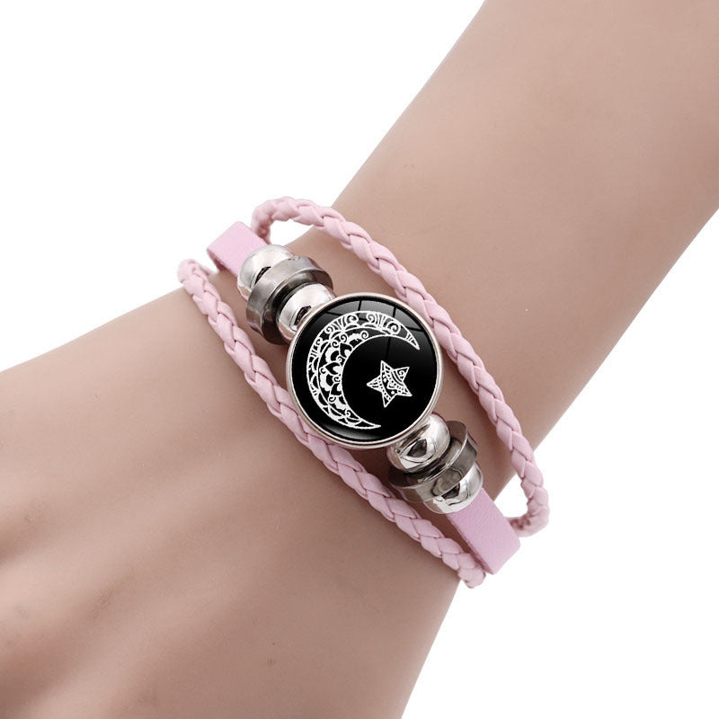 Sun and Moon Lovers Leather Bracelet Retro Punk Multi-Layer Beaded Weave Bracelet Couple Gift