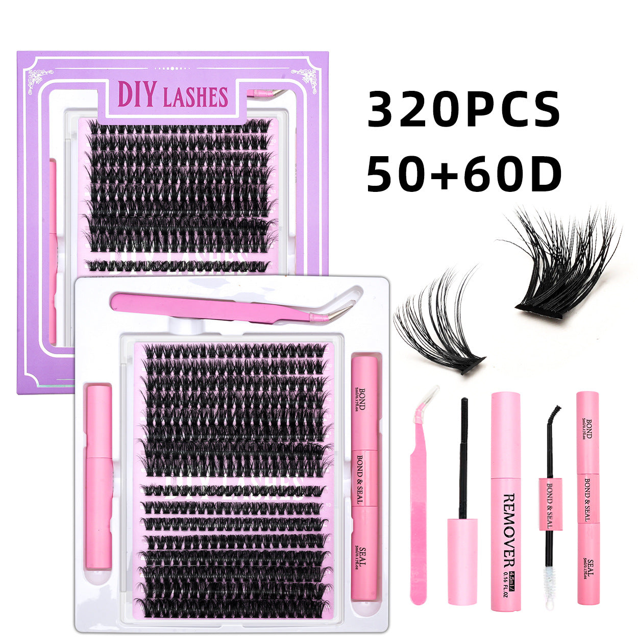 320 Clusters 16 Rows DIY False Eyelashes 4-Piece Set Glue Remover Tweezers 50 P60p80p100p Individual False Eyelash