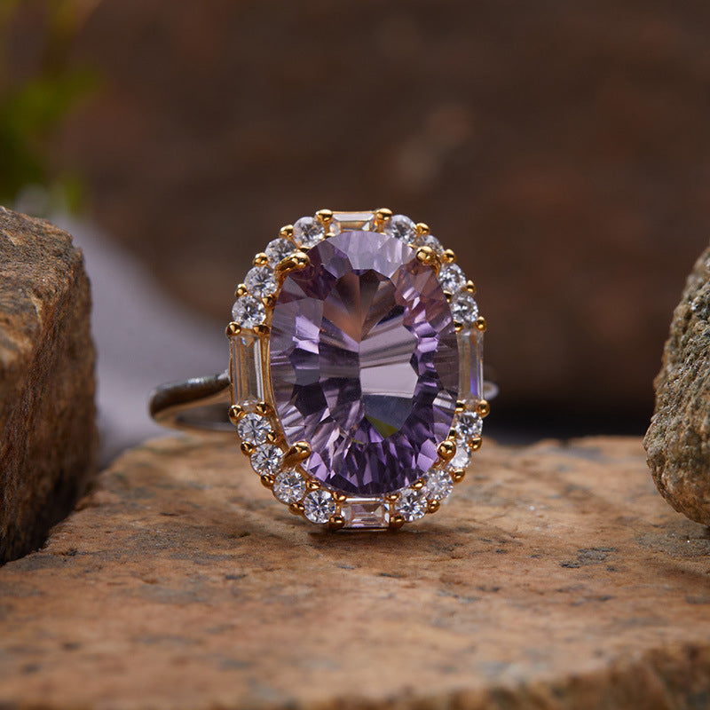 S925 Sterling Silver Large Carat Yellow Amethyst Colorful Gem Ring