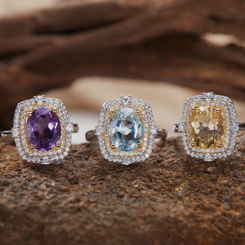 S925 Sterling Silver 18K Gold Natural Gemstone Energy Ring Jewelry