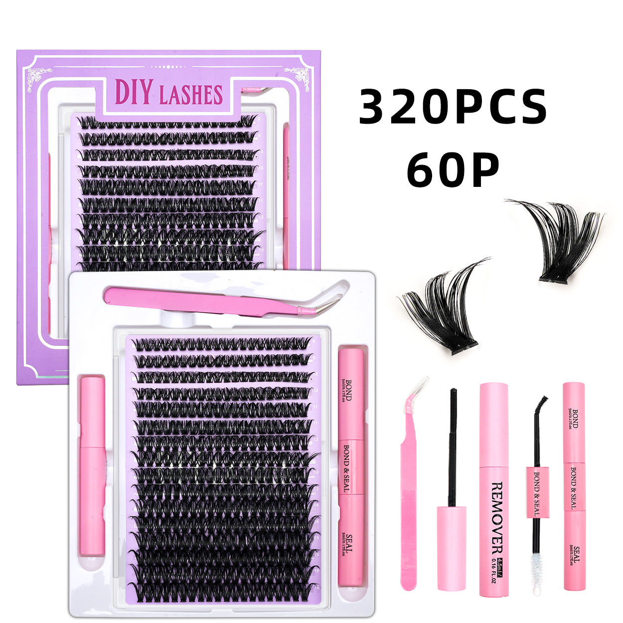 320 Clusters 16 Rows DIY False Eyelashes 4-Piece Set Glue Remover Tweezers 50 P60p80p100p Individual False Eyelash
