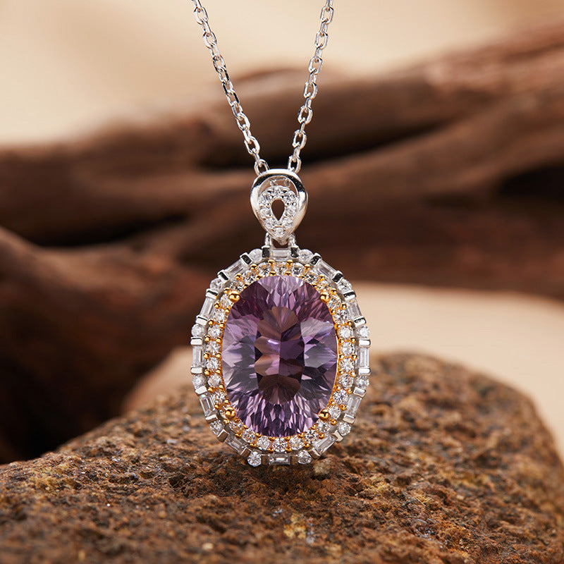S925 Sterling Silver 18K Gold Natural Colorful Gemstone Amethyst Pendant Collarbone Necklace