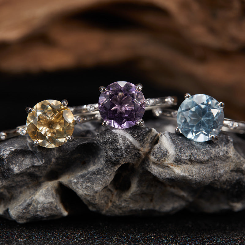 S925 Sterling Silver Natural Citrine Amethyst Topaz Color Gemstone Ring