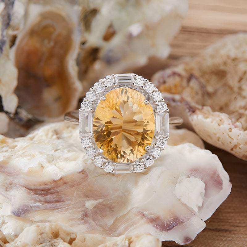 S925 Sterling Silver Large Carat Yellow Amethyst Colorful Gem Ring