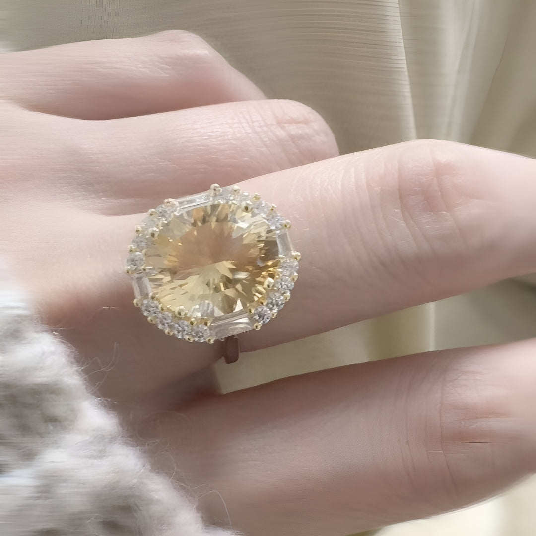 S925 Sterling Silver Large Carat Yellow Amethyst Colorful Gem Ring