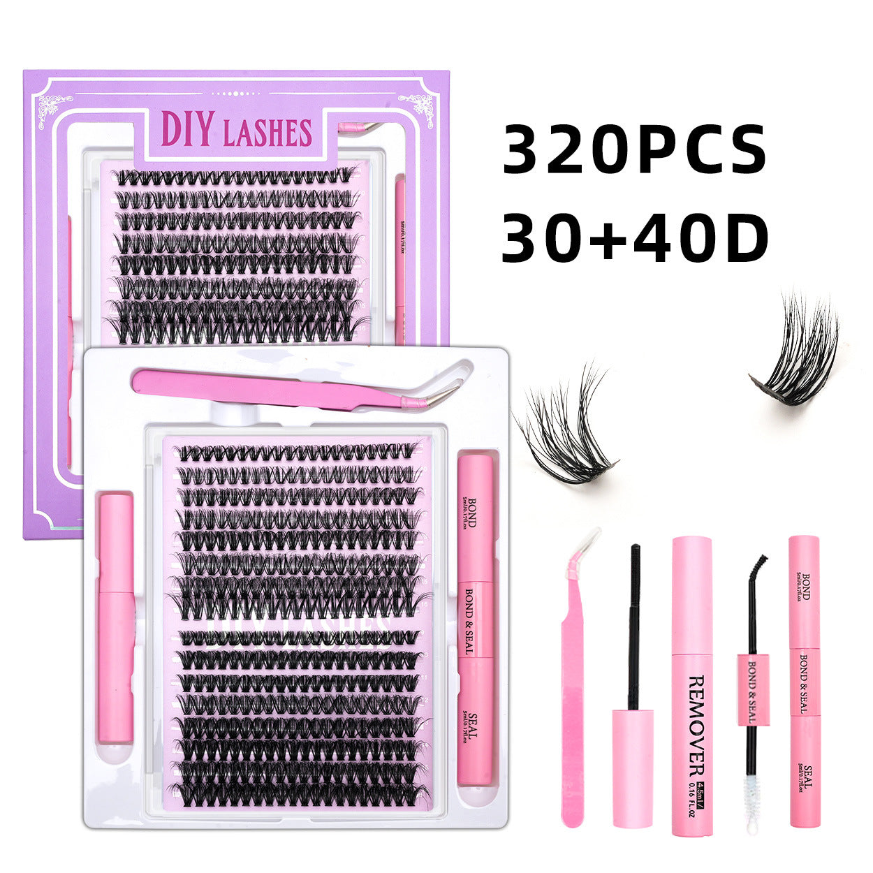 320 Clusters 16 Rows DIY False Eyelashes 4-Piece Set Glue Remover Tweezers 50 P60p80p100p Individual False Eyelash
