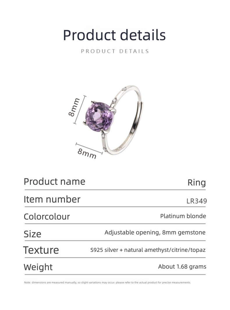 S925 Sterling Silver Natural Citrine Amethyst Topaz Color Gemstone Ring