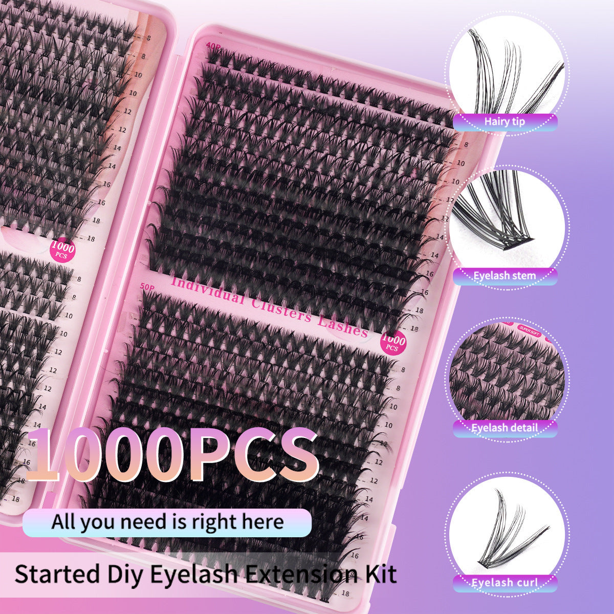 DIY 1000 pcs Big Capacity Eyelash Book Single Cluster Natural D Type False Eyelashes 20D30D40D50D