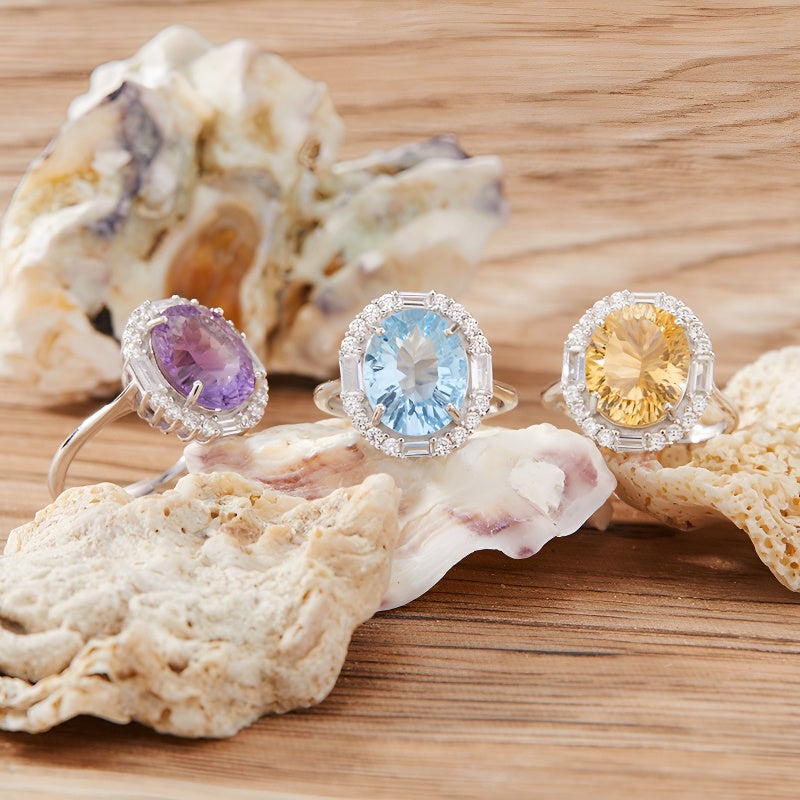 S925 Sterling Silver Large Carat Yellow Amethyst Colorful Gem Ring