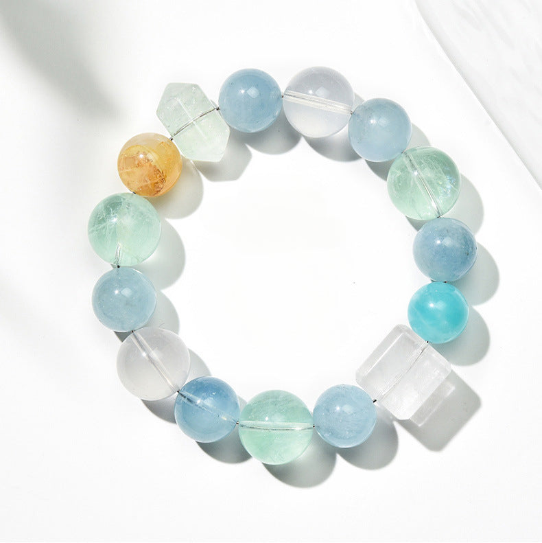 Natural Multi-Gemstone Crystal Round Beads Aquamarine Single Strand Bracelet White Crystal Fluorite Bracelet