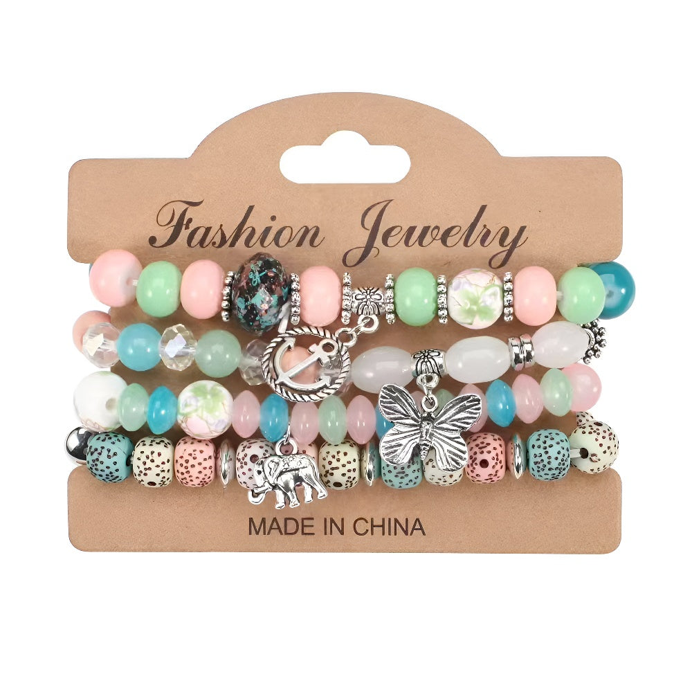 Hot-Selling New Arrival Bohemian Butterfly Boat Anchor Elephant Pendant Multilayer Fashion Beaded Bracelet