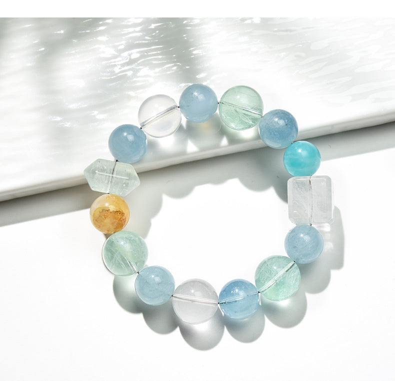 Natural Multi-Gemstone Crystal Round Beads Aquamarine Single Strand Bracelet White Crystal Fluorite Bracelet