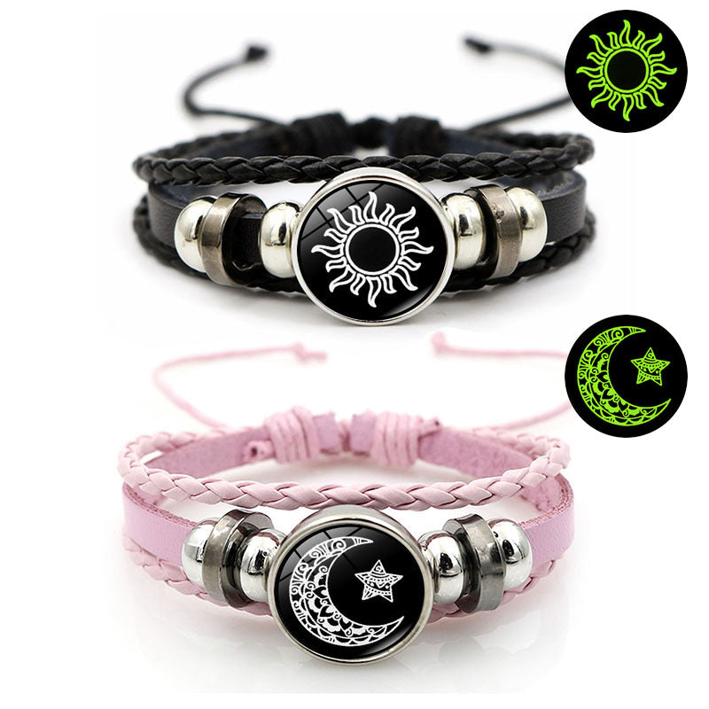 Sun and Moon Lovers Leather Bracelet Retro Punk Multi-Layer Beaded Weave Bracelet Couple Gift
