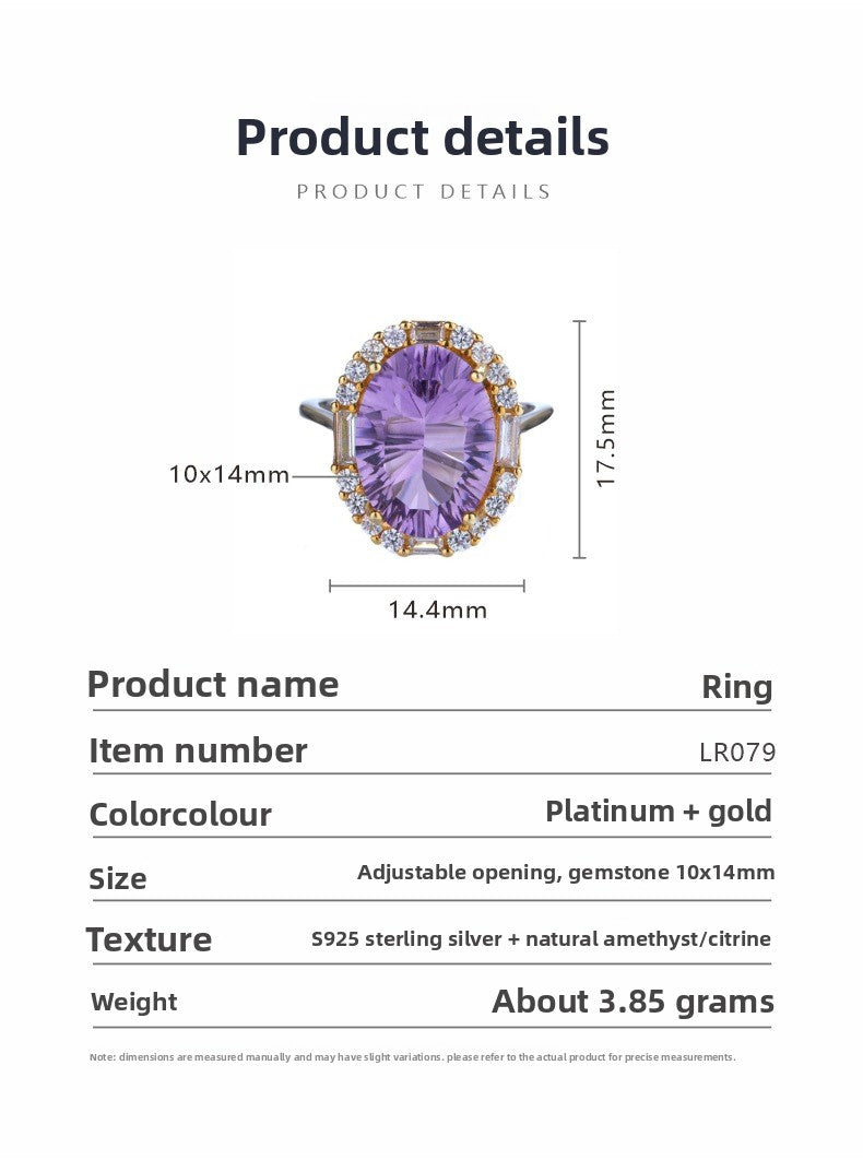 S925 Sterling Silver Large Carat Yellow Amethyst Colorful Gem Ring