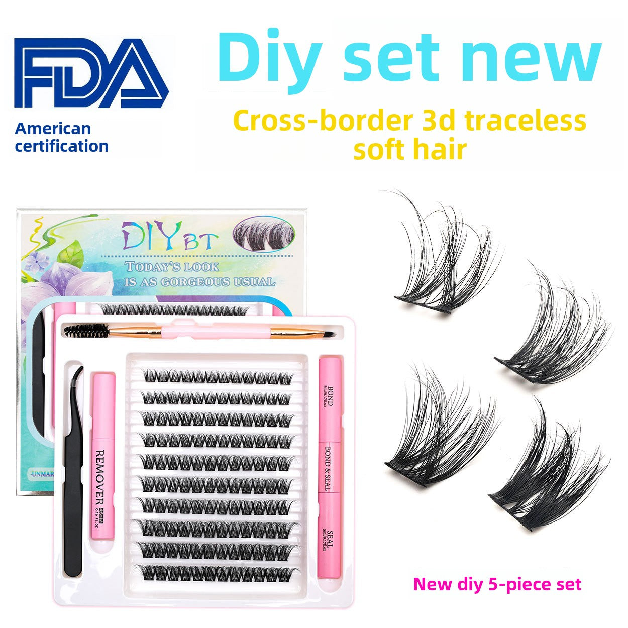 3D Traceless False Eyelashes 5-Piece Set Soft 8D Mink-like Glue Remover Tweezer Set