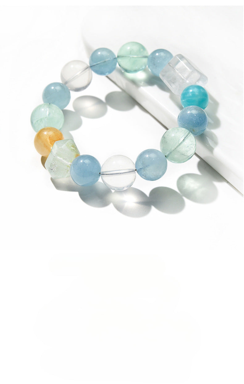 Natural Multi-Gemstone Crystal Round Beads Aquamarine Single Strand Bracelet White Crystal Fluorite Bracelet