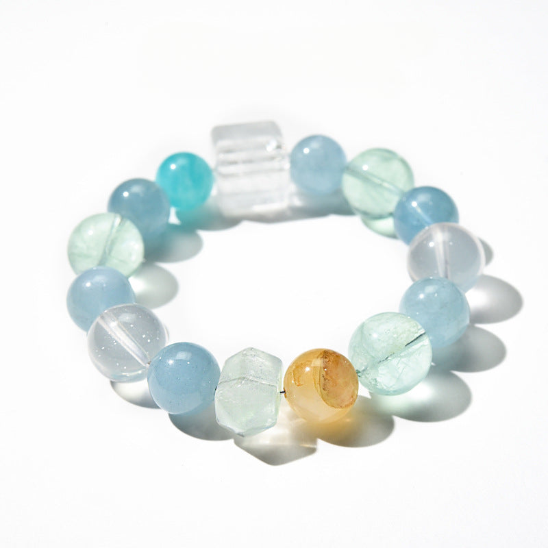 Natural Multi-Gemstone Crystal Round Beads Aquamarine Single Strand Bracelet White Crystal Fluorite Bracelet
