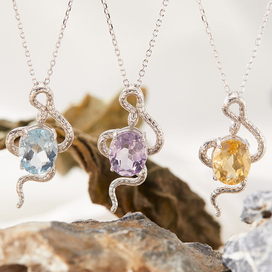 Natural Colorful Topaz Amethyst Pendant Necklace S925 Sterling Silver Inlay