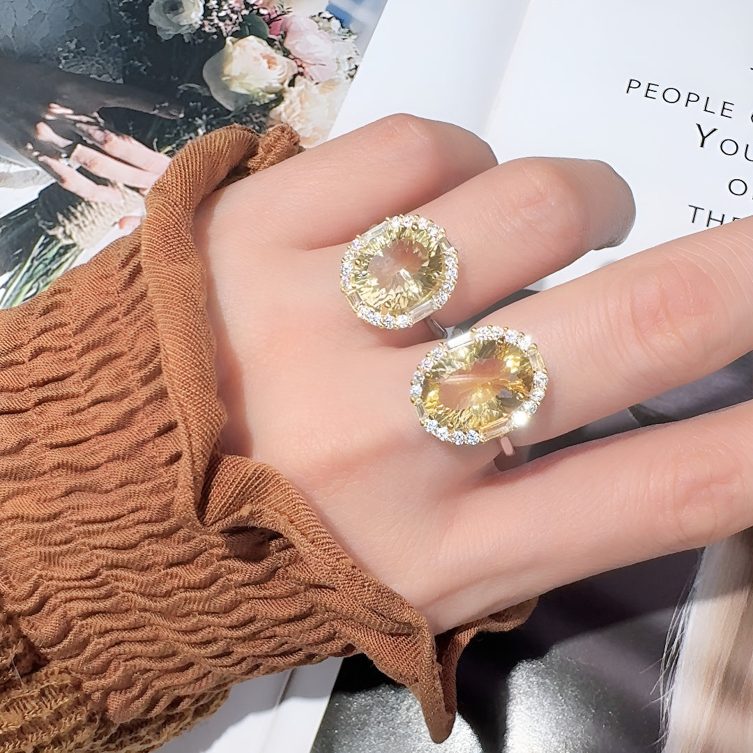 S925 Sterling Silver Large Carat Yellow Amethyst Colorful Gem Ring