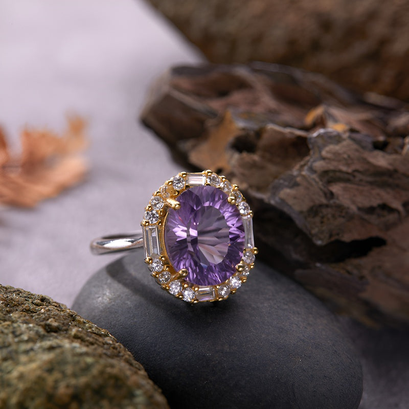 S925 Sterling Silver Large Carat Yellow Amethyst Colorful Gem Ring
