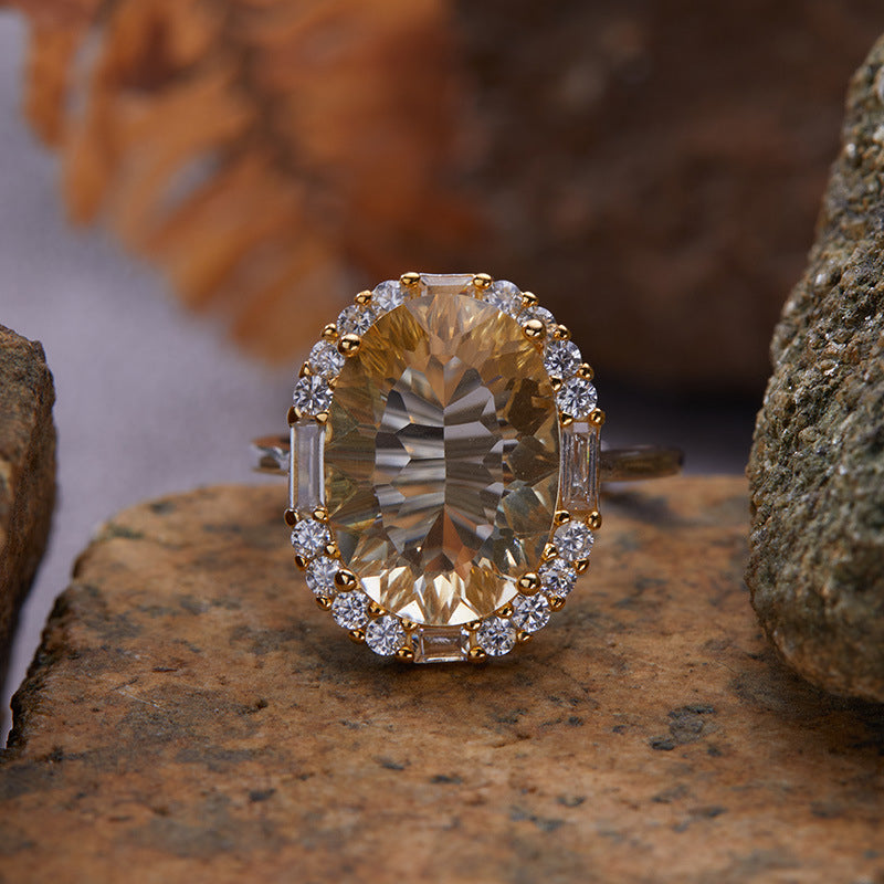 S925 Sterling Silver Large Carat Yellow Amethyst Colorful Gem Ring