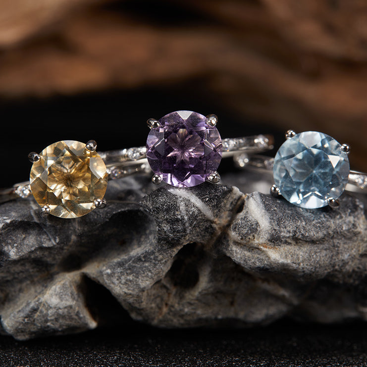 S925 Sterling Silver Natural Yellow Crystal Amethyst Topaz Colorful Gemstone Ring for Women