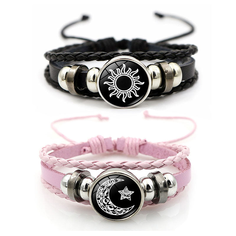 Sun and Moon Lovers Leather Bracelet Retro Punk Multi-Layer Beaded Weave Bracelet Couple Gift