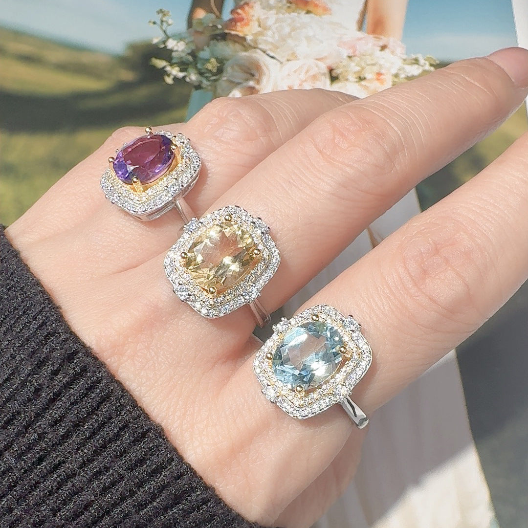 S925 Sterling Silver 18K Gold Natural Gemstone Energy Ring Jewelry