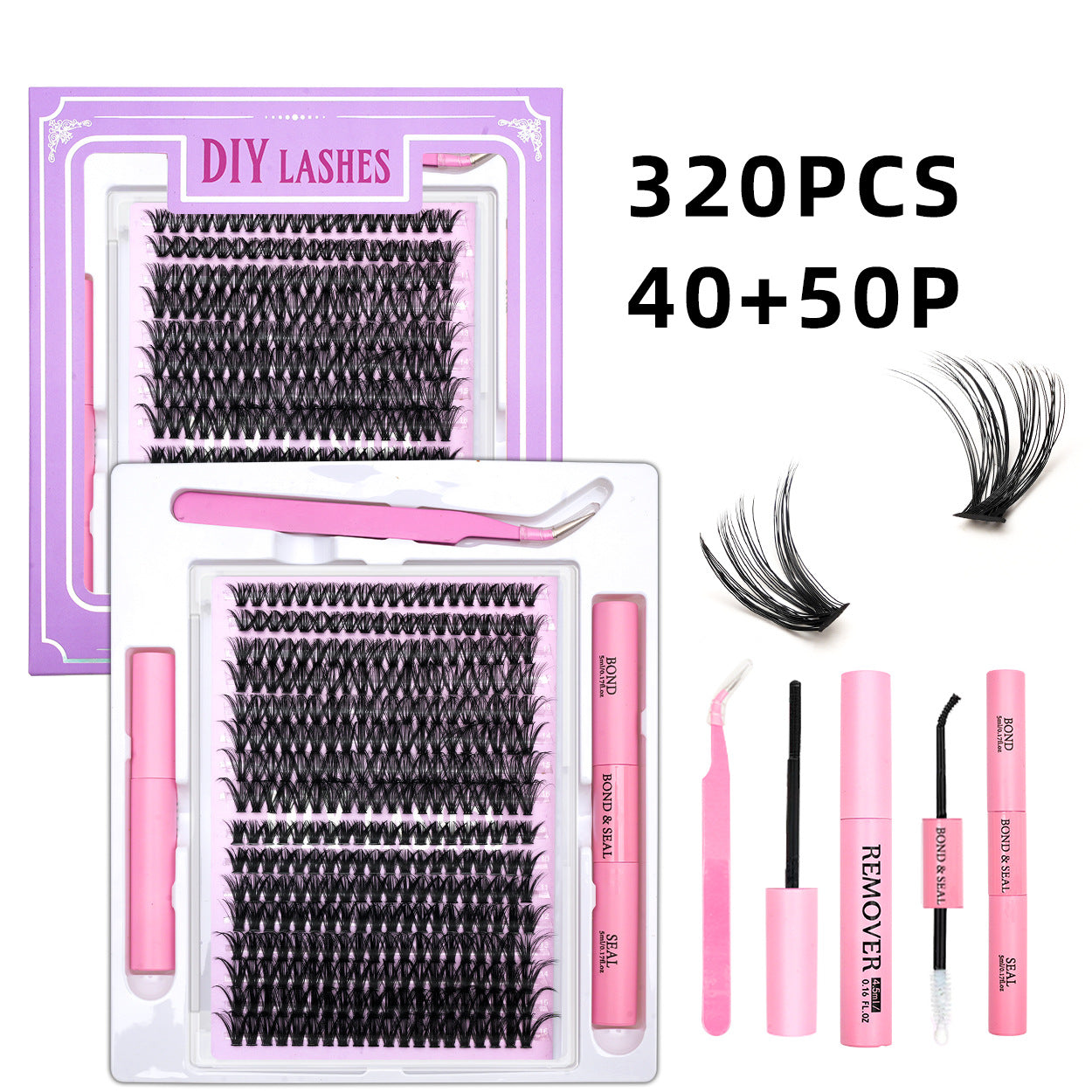 320 Clusters 16 Rows DIY False Eyelashes 4-Piece Set Glue Remover Tweezers 50 P60p80p100p Individual False Eyelash