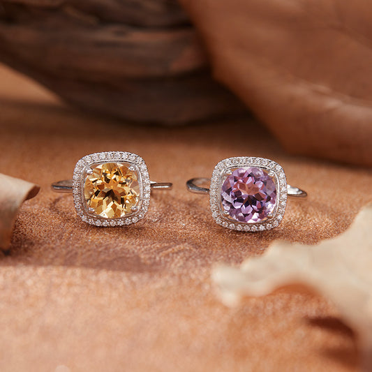 Natural Colorful Amethyst and Citrine Ring for Women s925Pure Silver Sugar Cube Index Finger Ring Xiaohongshu Douyin Style Wholesale