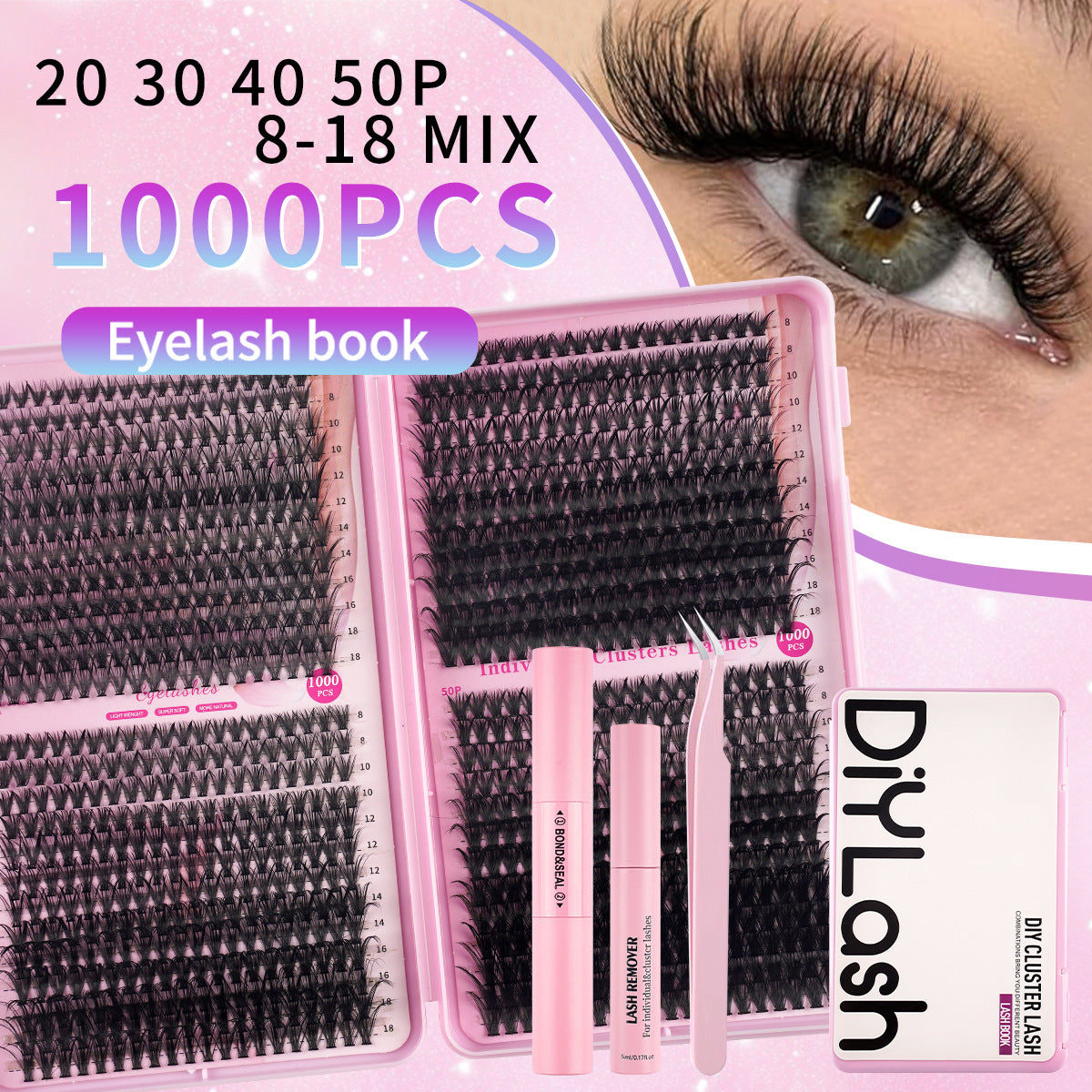 DIY 1000 pcs Big Capacity Eyelash Book Single Cluster Natural D Type False Eyelashes 20D30D40D50D