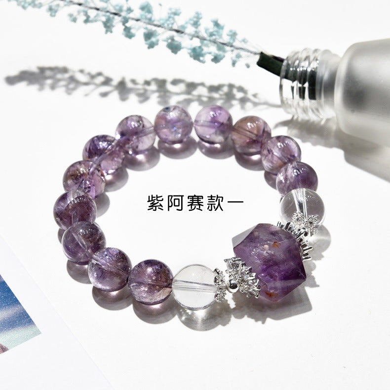 Unique Amethyst Bead Bracelet Natural Purple Azeite Hand Accessory
