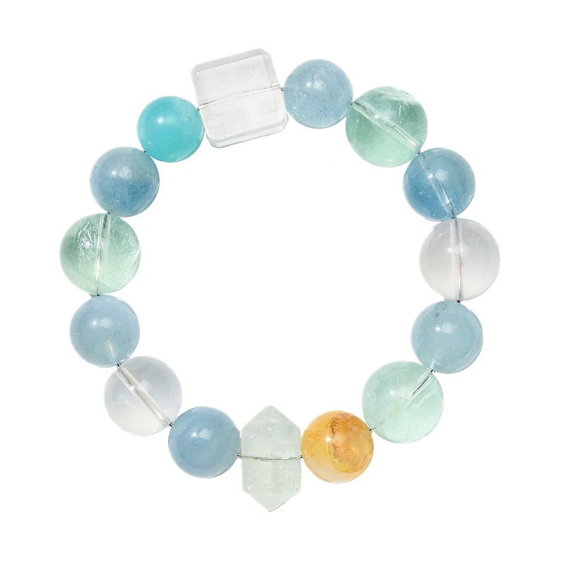 Natural Multi-Gemstone Crystal Round Beads Aquamarine Single Strand Bracelet White Crystal Fluorite Bracelet