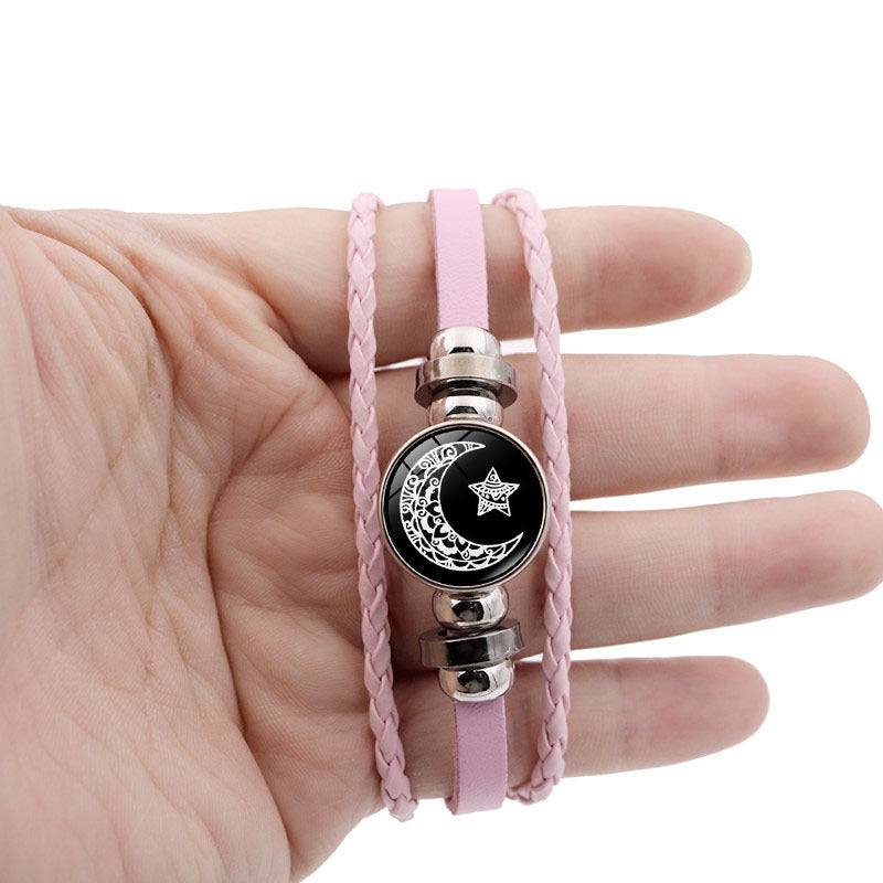 Sun and Moon Lovers Leather Bracelet Retro Punk Multi-Layer Beaded Weave Bracelet Couple Gift