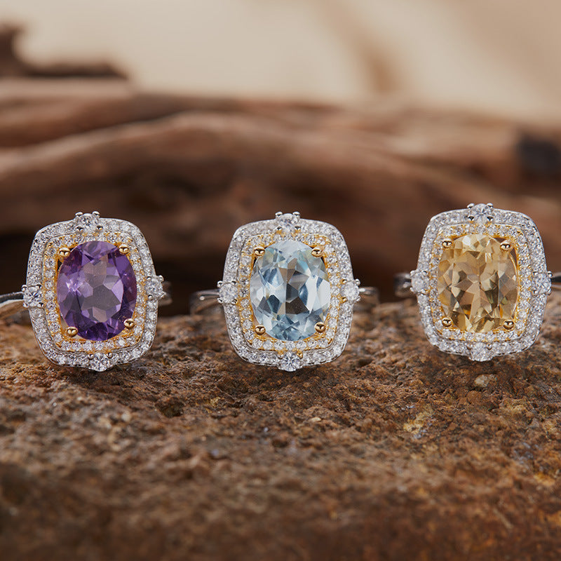 S925 Sterling Silver 18K Gold Natural Gemstone Energy Ring Jewelry